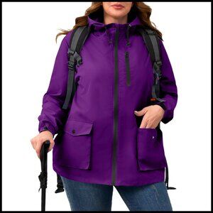 Plus Size Packable Rain Jacket Waterproof Windbreaker Lightweight Hooded